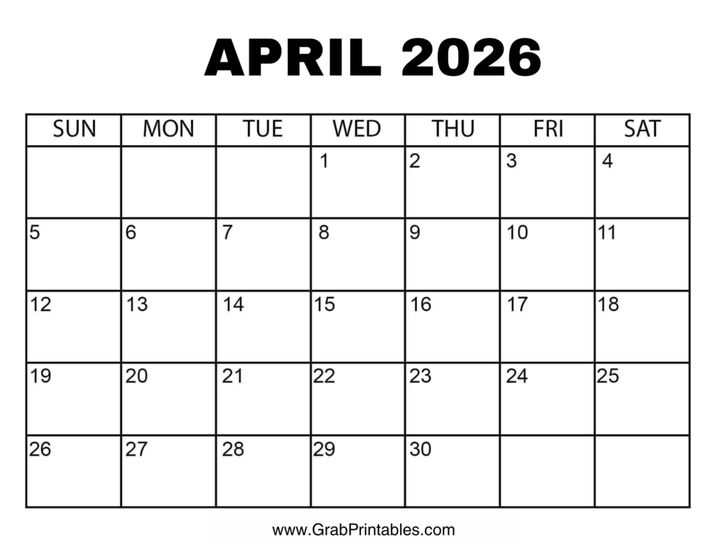 Printable April 2026 Calendar