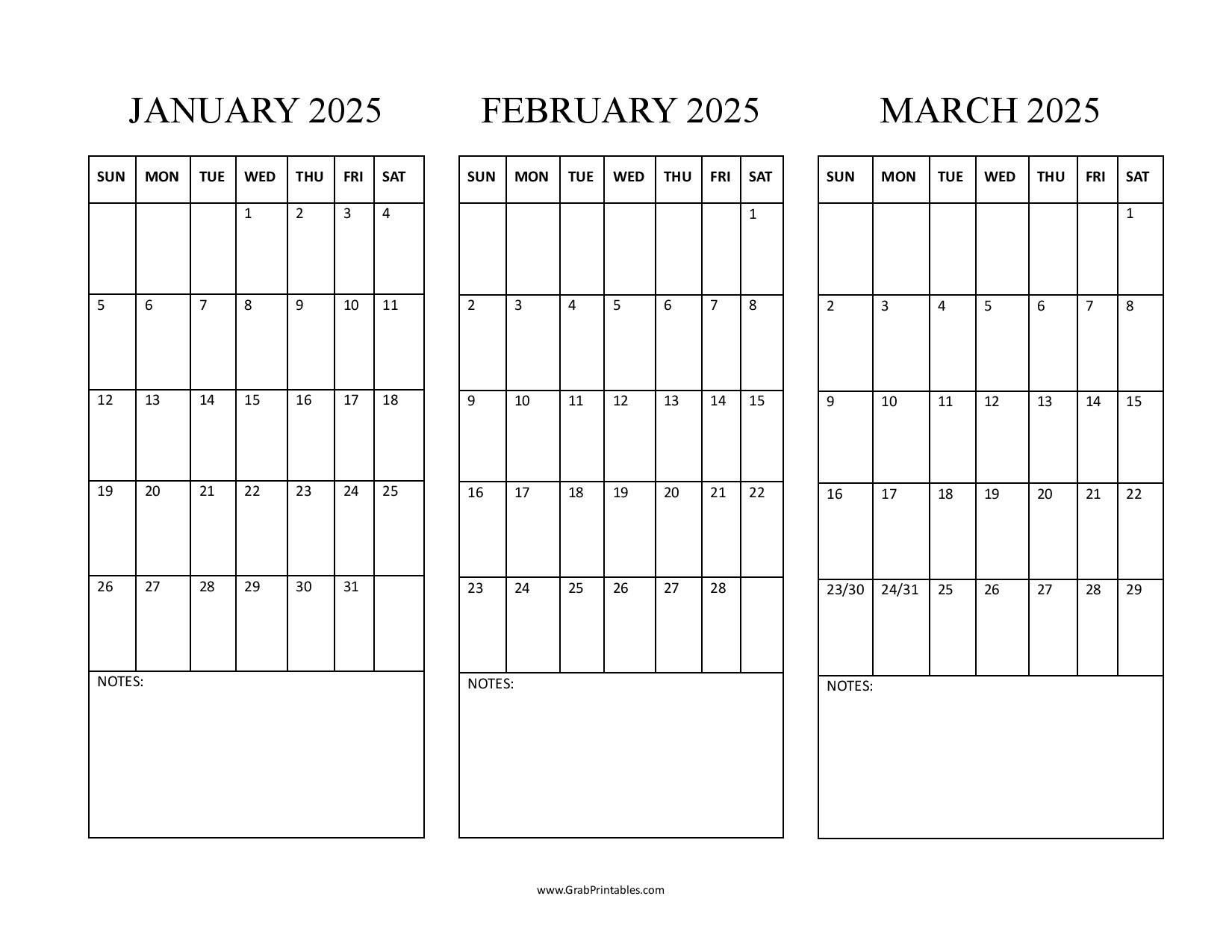 Jan Feb Mar 2025 calendar notes