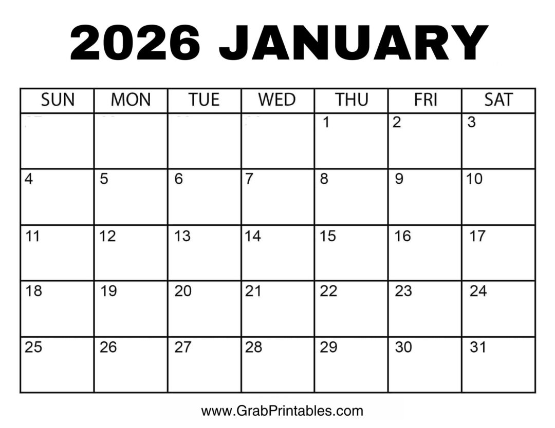 Free Printable January 2026 Calendars Print a Calendar 2026 Grab