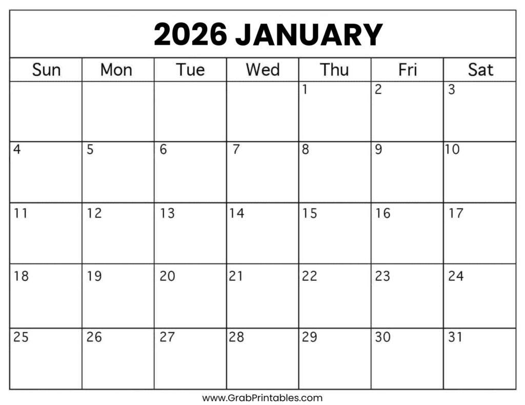 Printable January 2026 Calendar