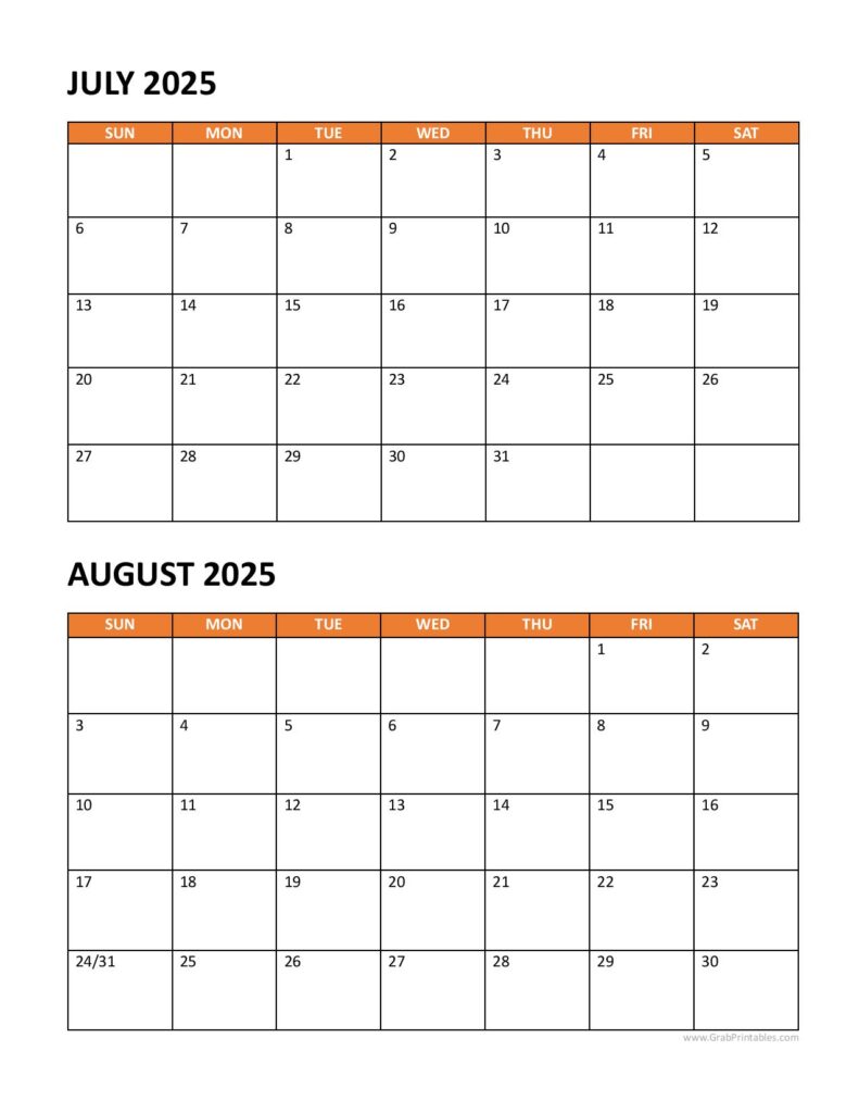 July August 2025 Calendar=