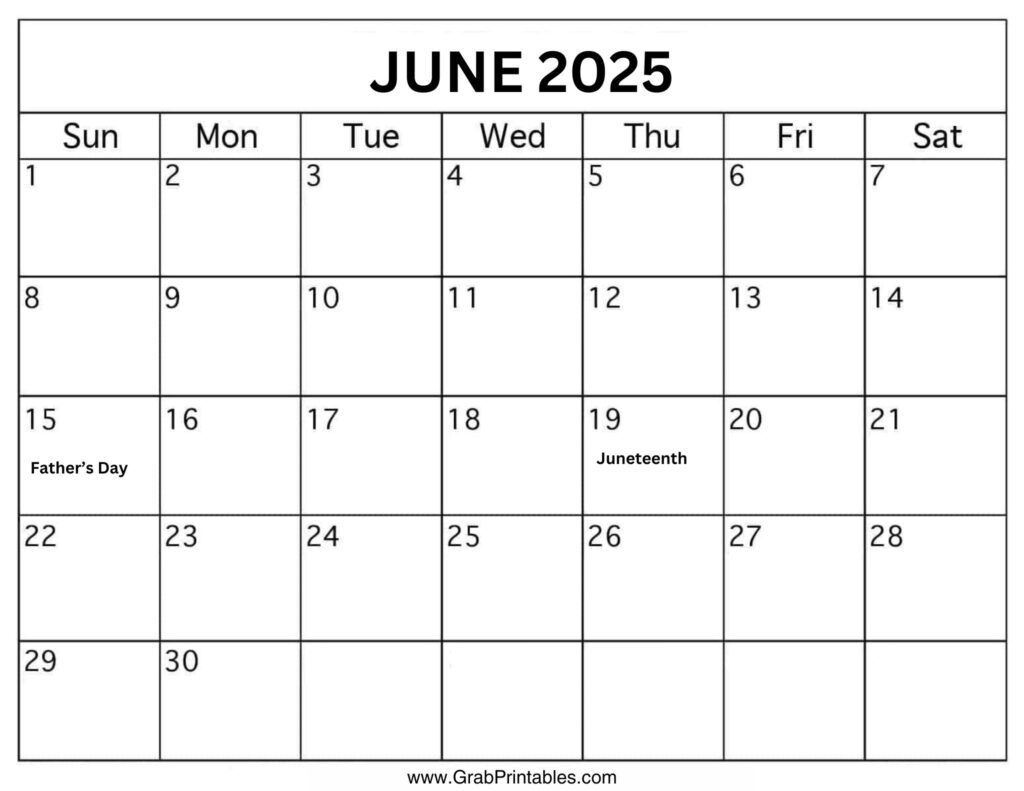 June 2025 Calendar Holidays