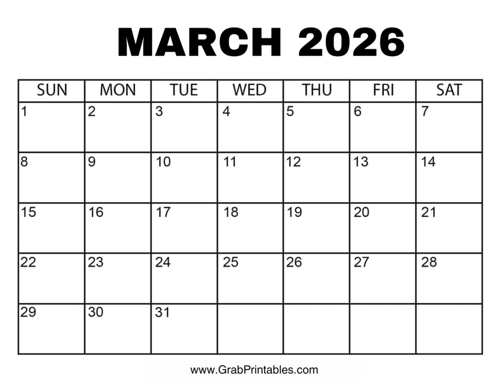 Printable March 2026 Calendar