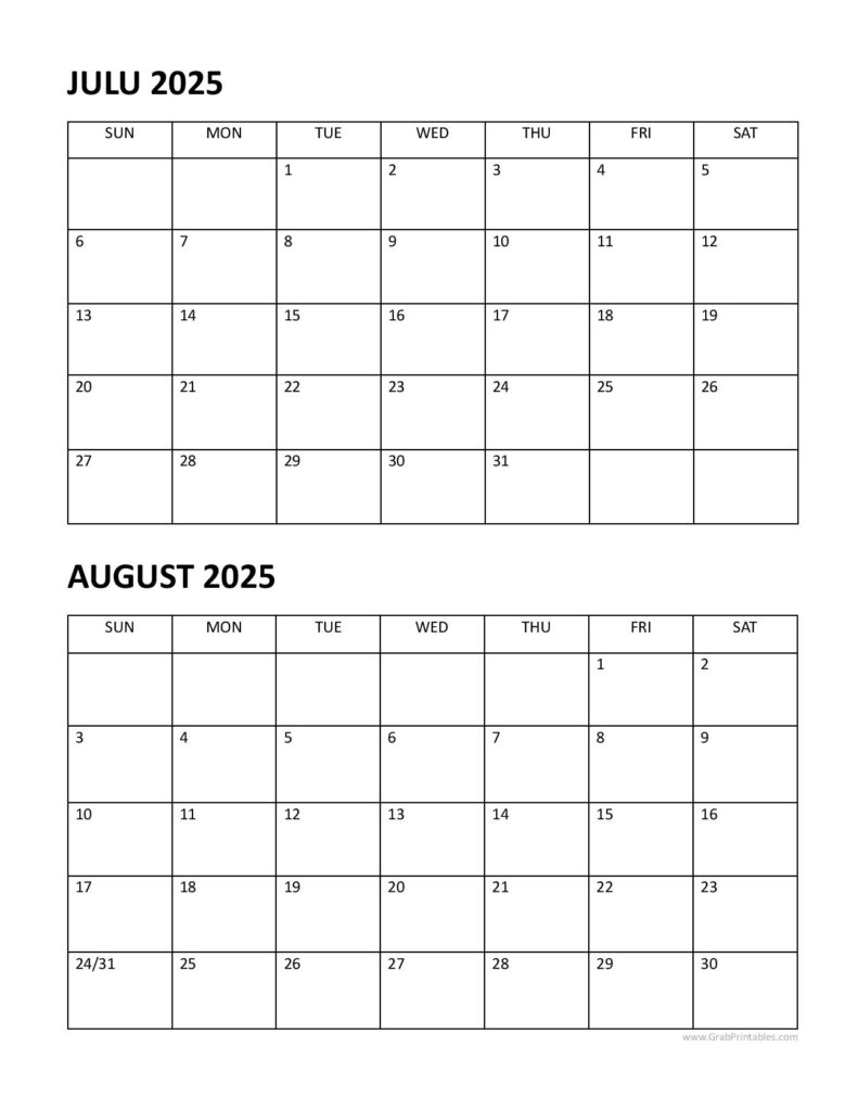 Free July August 2025 Calendar=