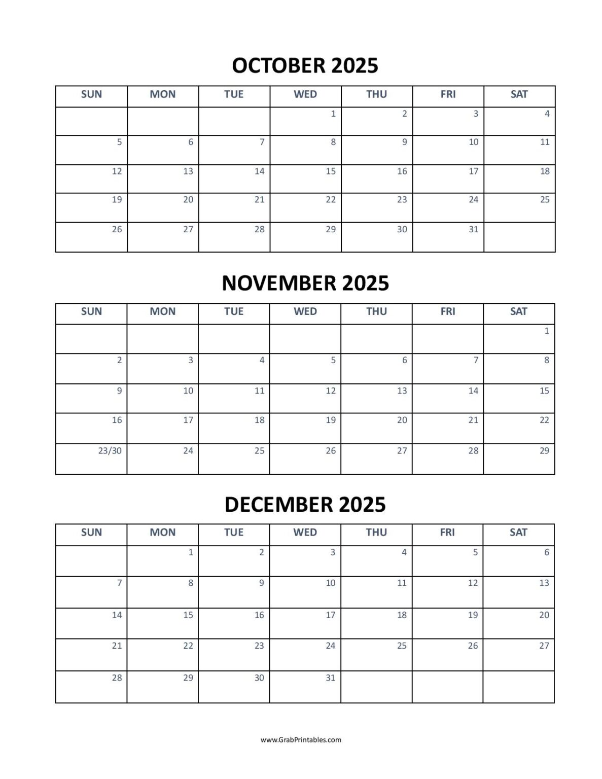 October November December 2025 Calendar 4th Quarter October November December 2025 Calendar 4th Quarter