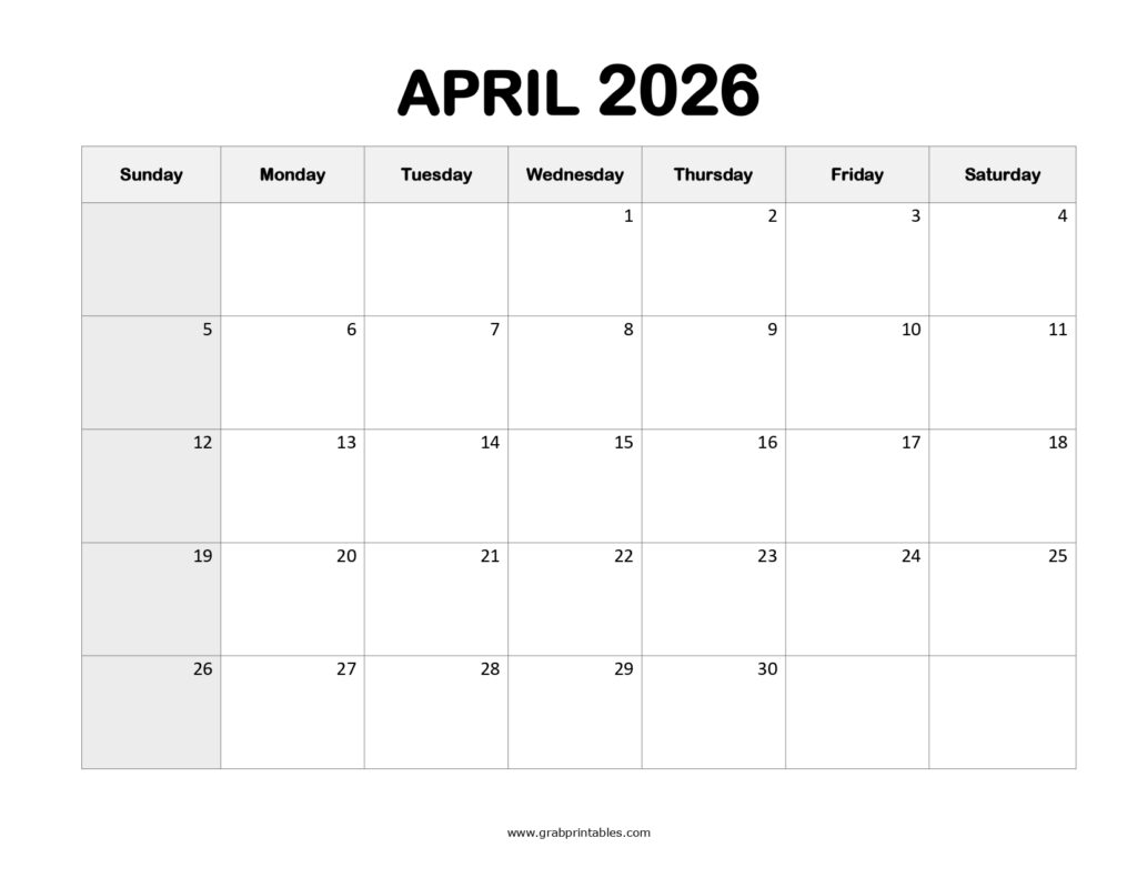 April 2026 Calendar with Holidays