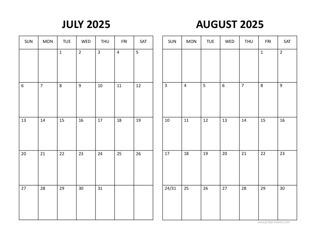 Printable July August 2025 Calendar=