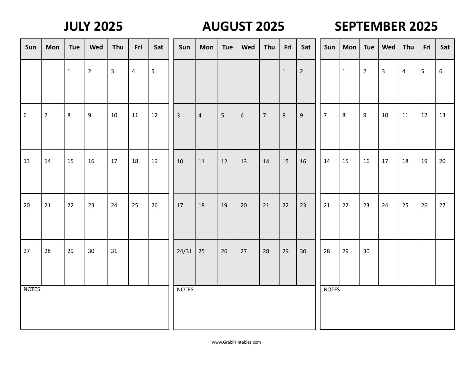 July August September 2025 Calendar