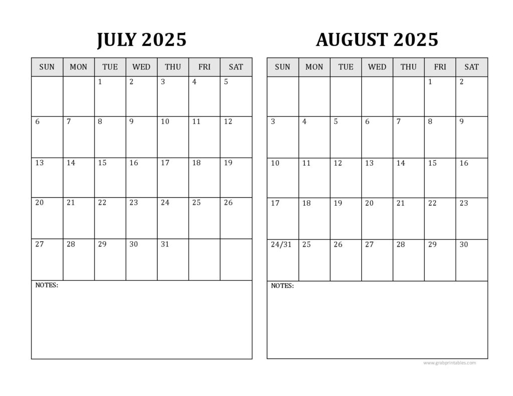 July August 2025 Calendar=