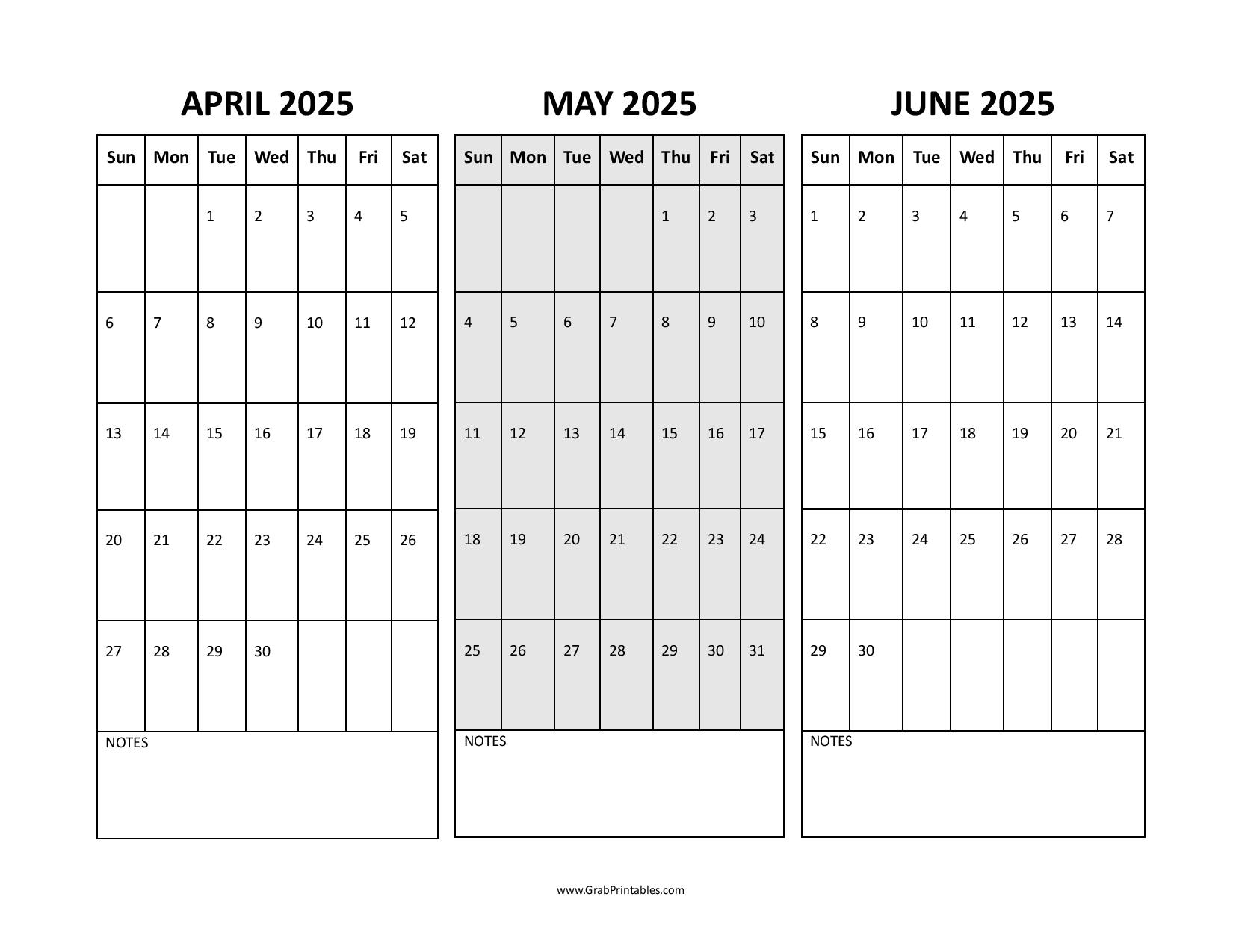 April May June 2025 Calendar