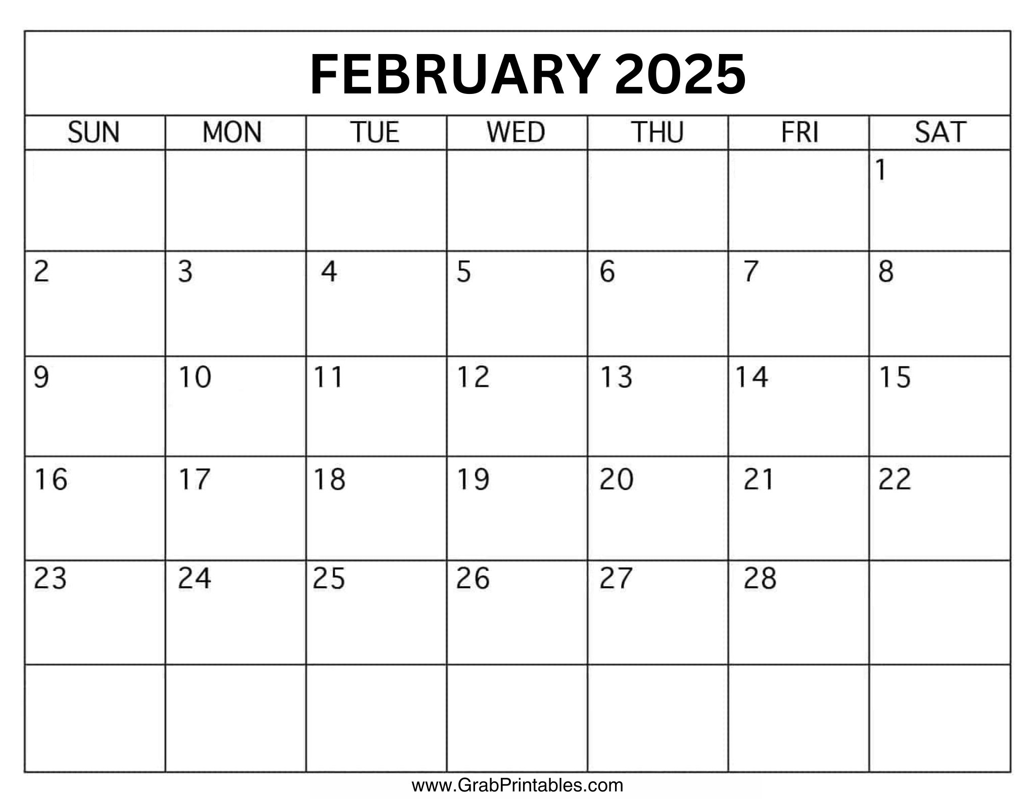 printable February 2025 calendar