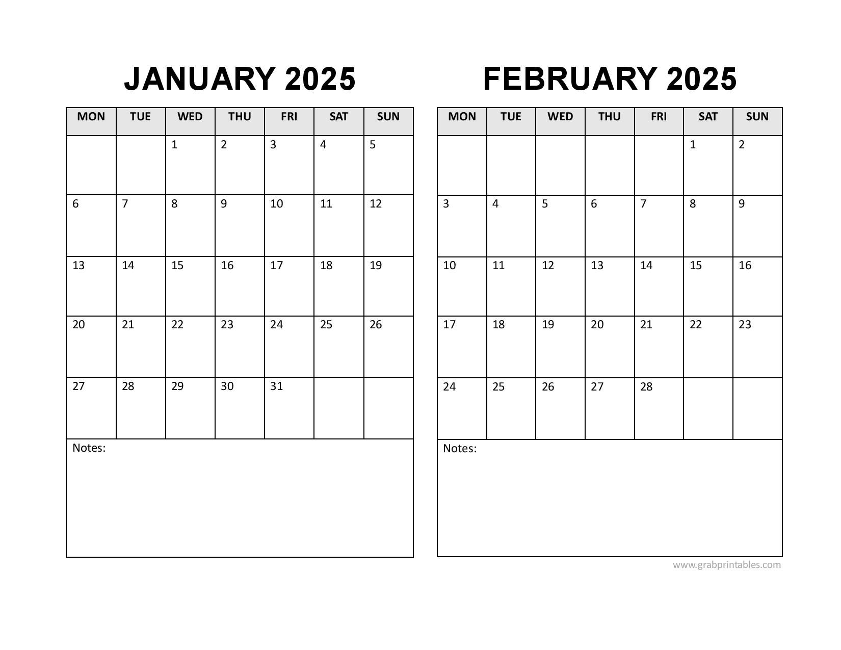 printable January February calendar 2025