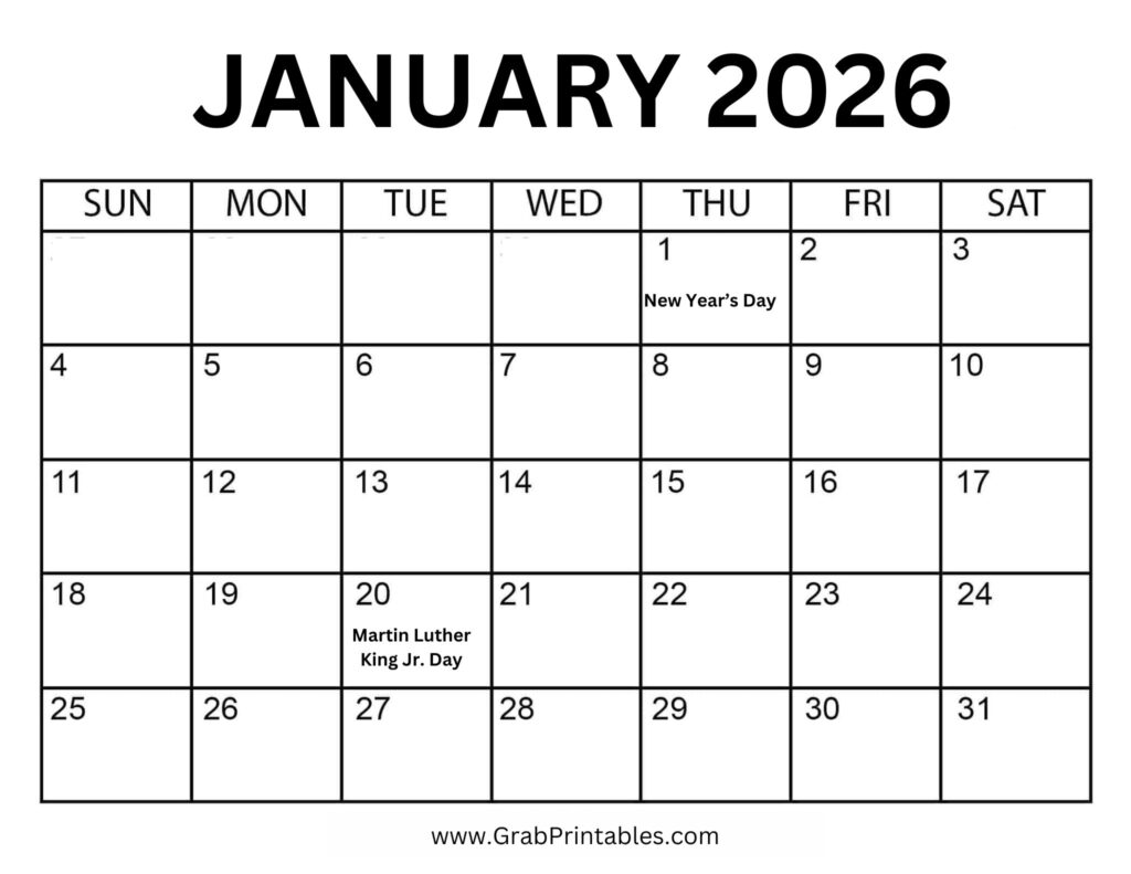 January 2026 Calendar with Holidays