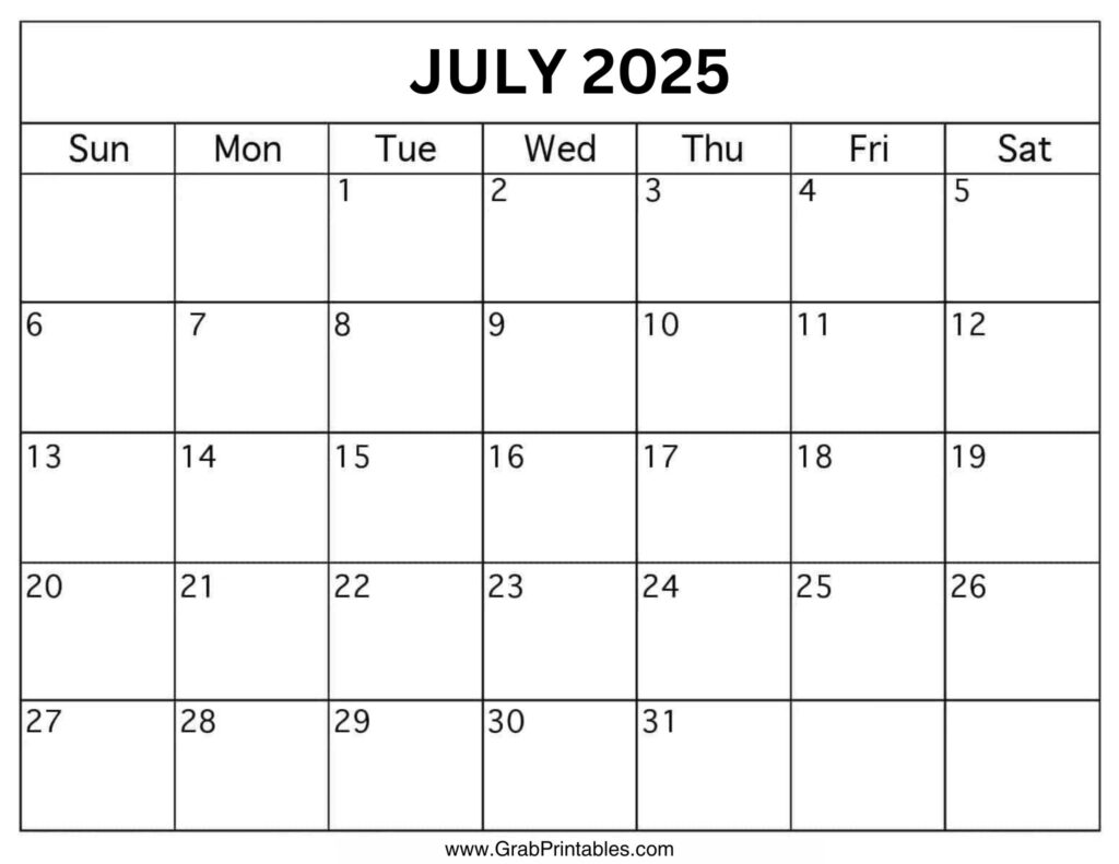 July 2025 Calendar Printable