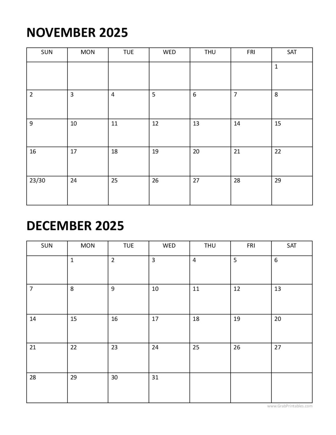 Free printable november december 2025 calendar two months