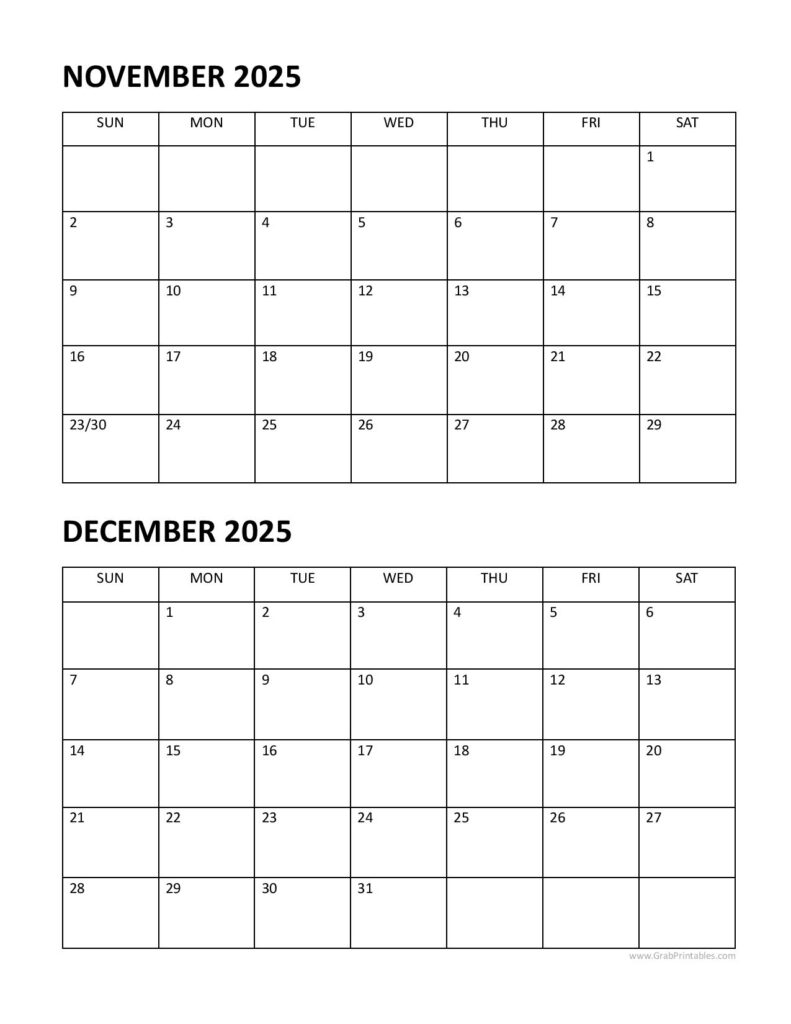 November December 2025 Calendar Printable