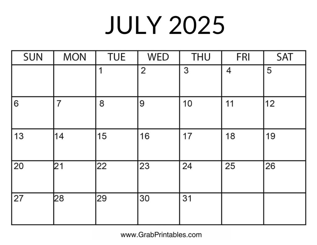 Printable July 2025 Calendar