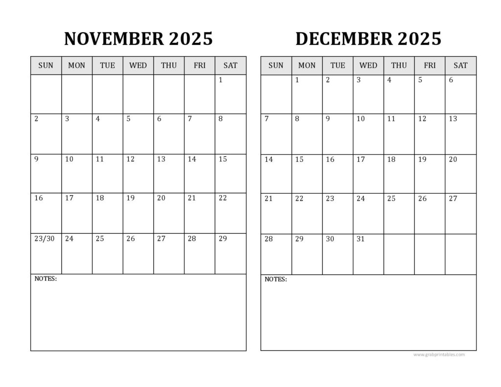 November December 2025 Calendar