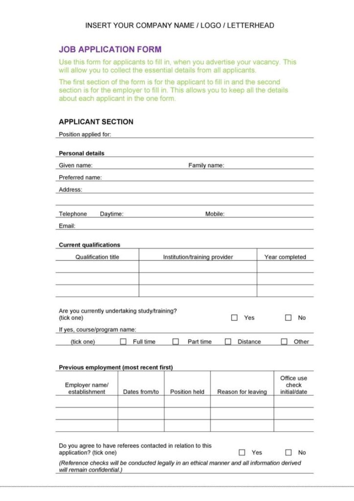 Free Job Application Form Template Word
