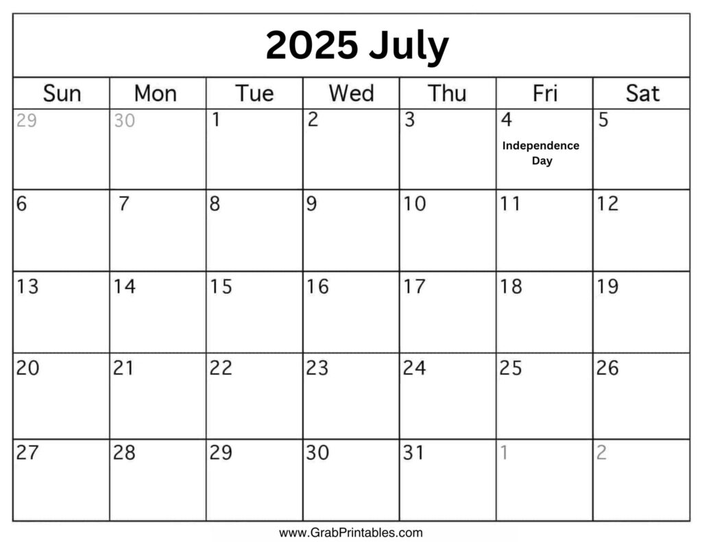 July 2025 Calendar Holidays