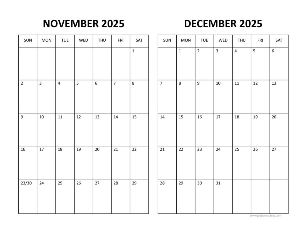 Printable November December 2025 Calendar